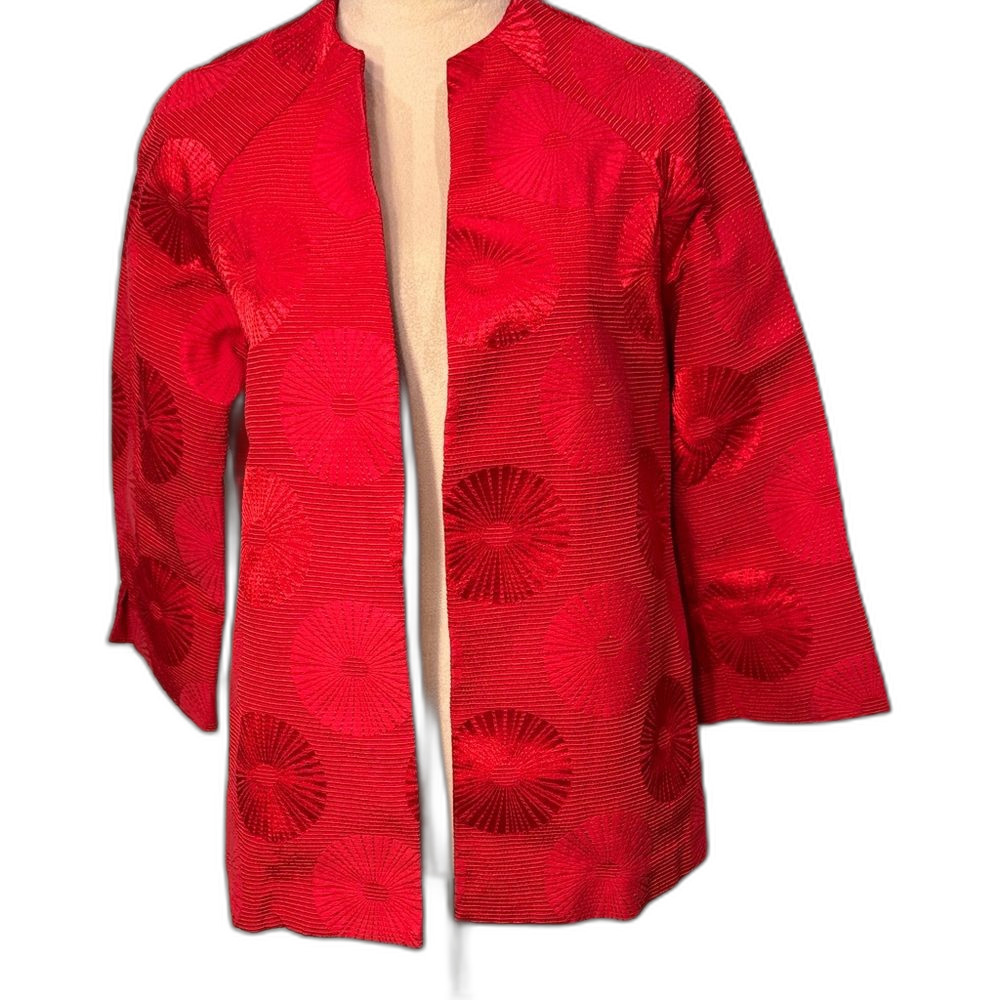 Peck and Peck Red Textured Open Front Jacket 3/4 sleeves Size M